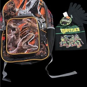 Dinosaur Backpack with Ninja Turtles Hat and Gloves